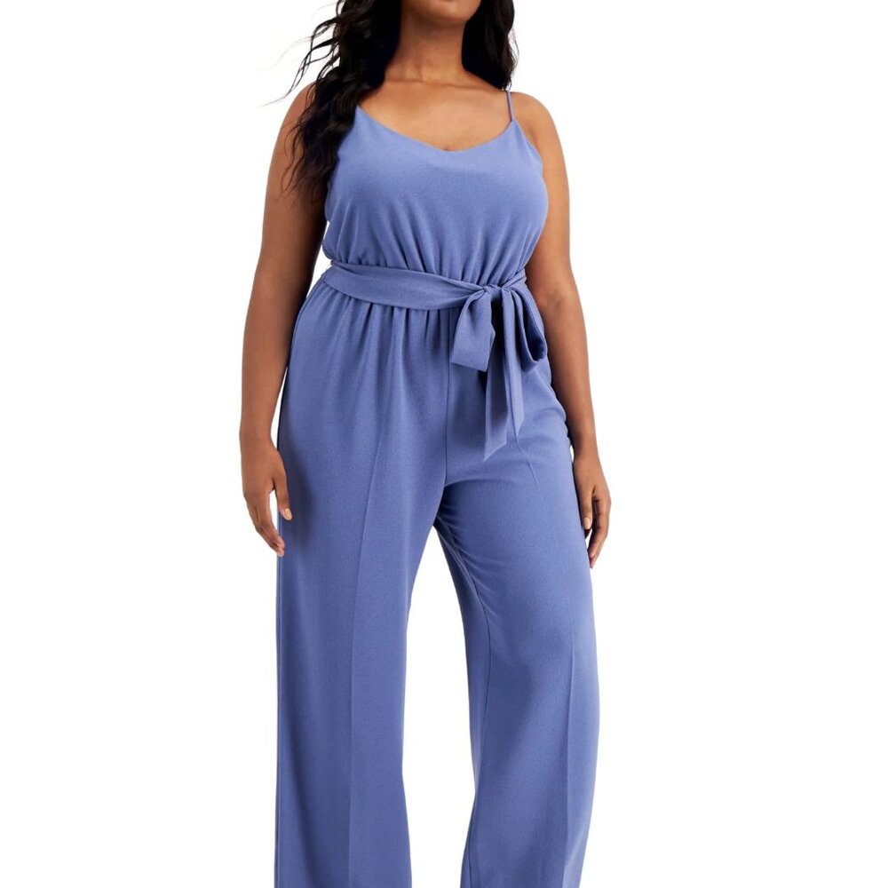 BAR III Womens Blue Zippered Belted Spaghetti Strap V Neck Wide Leg Jumpsuit